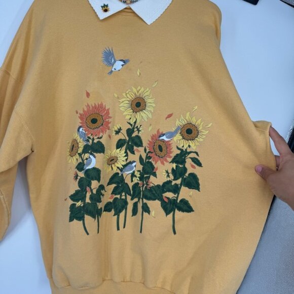 Vintage Morning Sun sunflower floral bird collared pullover sweatshirt - Picture 2 of 10